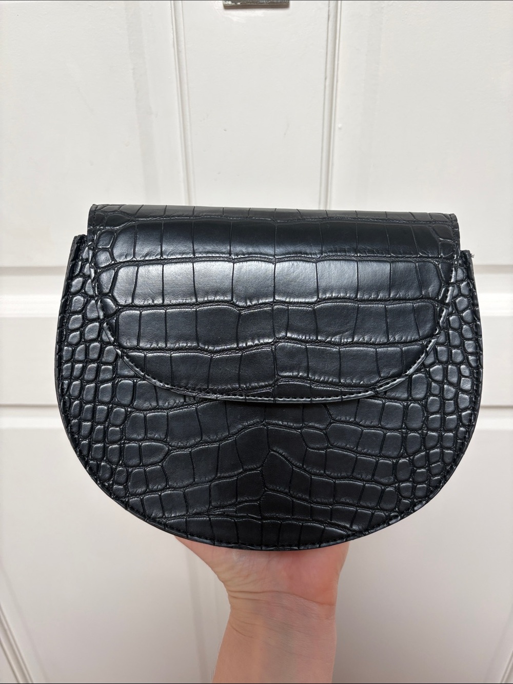 Black Croc-Embossed Half-Moon Crossbody Bag
